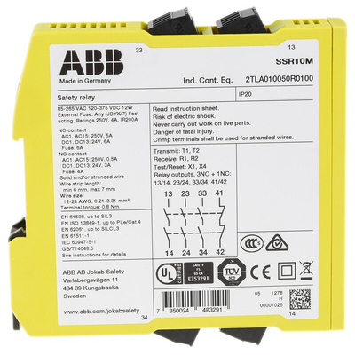 ABB Jokab Dual-Channel Safety Switch Safety Relay, 265 V ac, 375V dc, 4 Safety Contacts