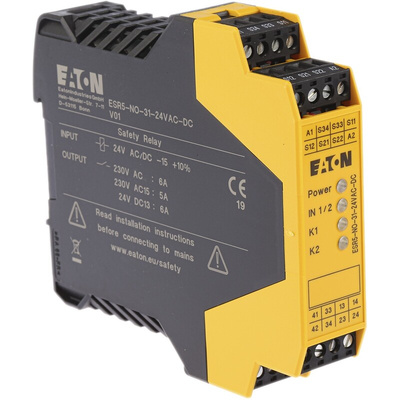 Eaton Dual-Channel Emergency Stop, Safety Switch/Interlock Safety Relay, 24V, 3 Safety Contacts