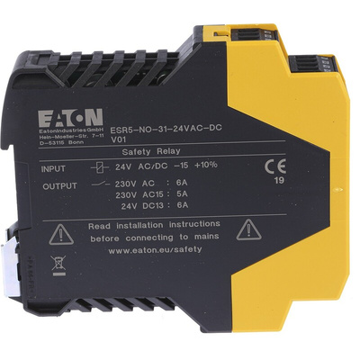 Eaton Dual-Channel Emergency Stop, Safety Switch/Interlock Safety Relay, 24V, 3 Safety Contacts