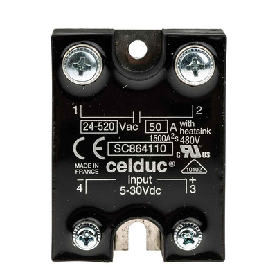 Celduc SC8 Series Solid State Relay, 50 A Load, Panel Mount, 520 V rms Load, 30 V dc Control