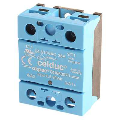 Celduc SO8 Series Solid State Relay, 40 A Load, Panel Mount, 510 V rms Load, 32 V Control