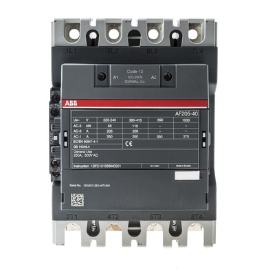 ABB AF Series Contactor, 230 V ac Coil, 4-Pole, 350 A, 110 kW, 4NO, 1 kV