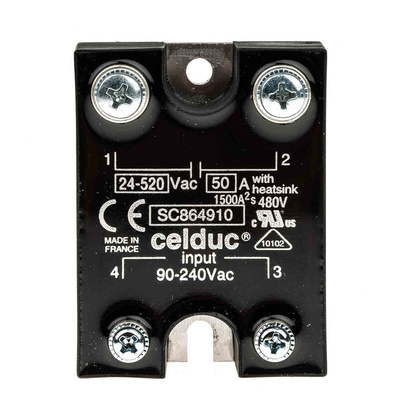 Celduc SC8 Series Solid State Relay, 50 A Load, Panel Mount, 520 V rms Load, 240 V ac Control