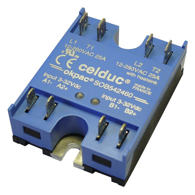 Celduc SOB5 Series Solid State Relay, 2 x 25 A Load, Panel Mount, 280 V ac Load, 32 V dc Control