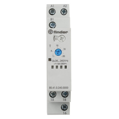 Finder 80 Series Series DIN Rail Mount Timer Relay, 24 → 240V ac/dc, 1-Contact, 0.1 → 20 s, 0.1 →