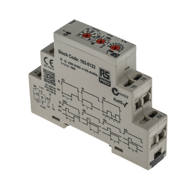 RS PRO DIN Rail Mount Timer Relay, 12 → 230V ac/dc, 0.1 s → 100h, SPDT