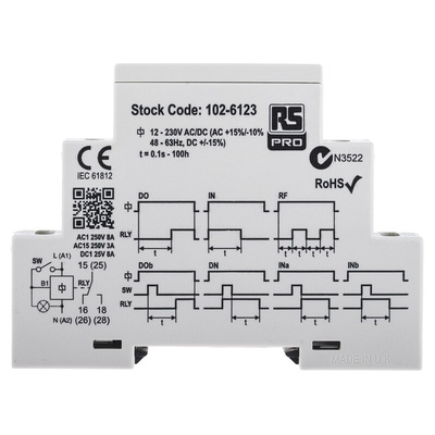 RS PRO DIN Rail Mount Timer Relay, 12 → 230V ac/dc, 0.1 s → 100h, DPDT