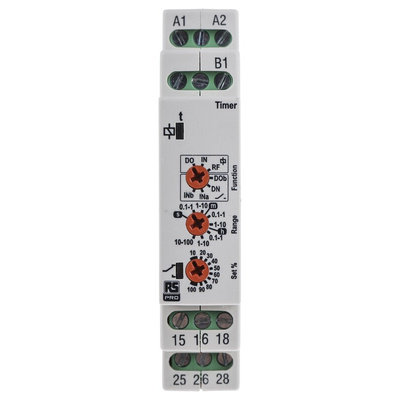 RS PRO DIN Rail Mount Timer Relay, 12 → 230V ac/dc, 0.1 s → 100h, DPDT