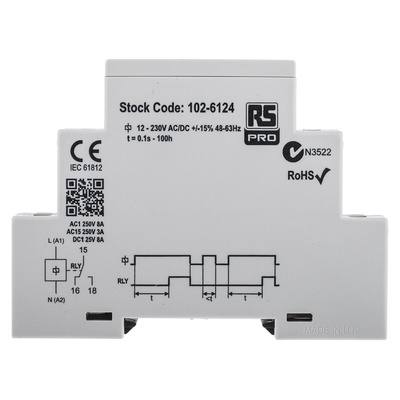 RS PRO DIN Rail Mount Timer Relay, 12 → 230V ac/dc, 0.1 s → 100h, SPDT