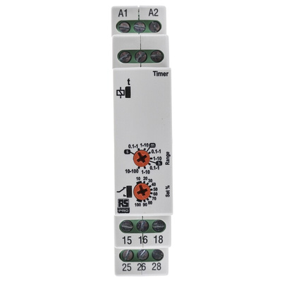RS PRO DIN Rail Mount Timer Relay, 12 → 230V ac/dc, 0.1 s → 100h, DPDT