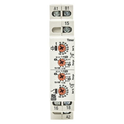 RS PRO DIN Rail Mount Timer Relay, 12 → 230V ac/dc, 0.1 s → 100h, SPDT