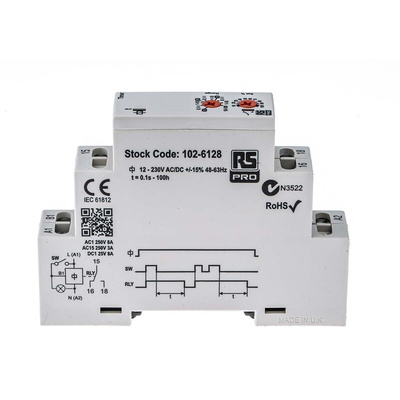 RS PRO DIN Rail Mount Timer Relay, 12 → 230V ac/dc, 0.1 s → 100h, SPDT