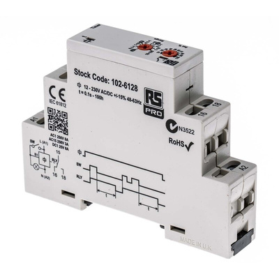 RS PRO DIN Rail Mount Timer Relay, 12 → 230V ac/dc, 0.1 s → 100h, SPDT