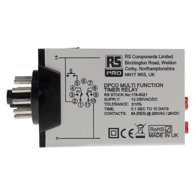 RS PRO Plug In Timer Relay, 12 → 240V ac/dc, 0.1 s → 100days, DPDT
