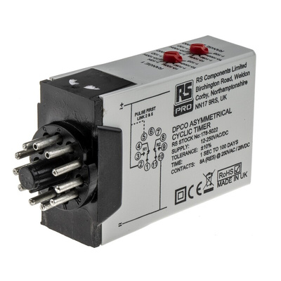 RS PRO Plug In Timer Relay, 12 → 240V ac/dc, 0.1 s → 10days, 2-Function, DPDT