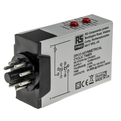 RS PRO Plug In Timer Relay, 12 → 240V ac/dc, 0.1 s → 10days, 1-Function, DPDT