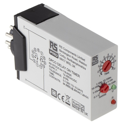 RS PRO Plug In Timer Relay, 12 → 240V ac/dc, 0.1 s → 10days, 1-Function, DPDT