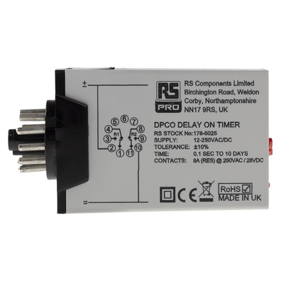 RS PRO Plug In Timer Relay, 12 → 240V ac/dc, 0.1 s → 10days, 1-Function, DPDT