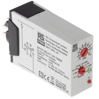 RS PRO Plug In Timer Relay, 12 → 240V ac/dc, 0.1 s → 10days, 1-Function, DPDT