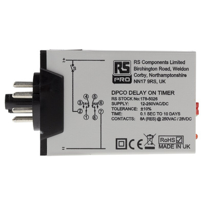 RS PRO Plug In Timer Relay, 12 → 240V ac/dc, 0.1 s → 10days, 1-Function, DPDT