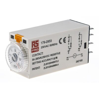 RS PRO Plug In Timer Relay, 230V ac, 2-Contact, 0.1 → 3min, 1-Function, DPDT