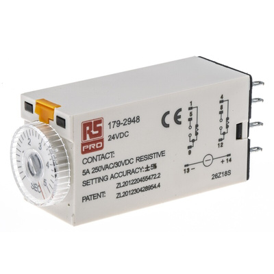 RS PRO Plug In Timer Relay, 24V dc, 2-Contact, 0.2 → 5s, 1-Function, DPDT