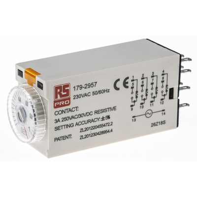 RS PRO Plug In Timer Relay, 230V ac, 4-Contact, 0.1 → 1s, 1-Function, 4PDT