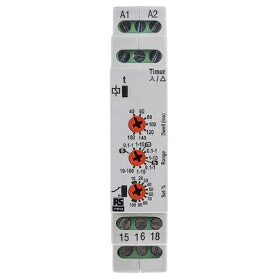 RS PRO DIN Rail, Surface Mount Timer Relay, 24 → 230V ac, 2-Contact, 0.1s to 100h, 1-Function, SPDT