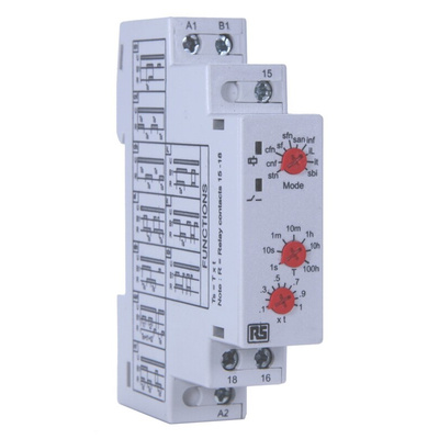 RS PRO DIN Rail Mount Timer Relay, 12 → 240V ac, 1-Contact, 0.1s to 100h, SPDT