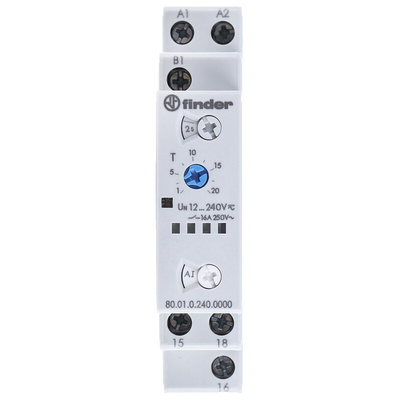 Finder 80 Series Series DIN Rail Mount Timer Relay, 12 → 240V ac/dc, 1-Contact, 0.1 → 20 min, 0.1