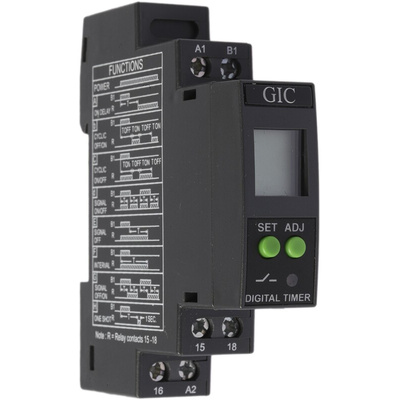 GIC DIN Rail Mount Timer Relay, 24 → 240V ac/dc, 1-Contact, 0.1 s → 999h, SPDT