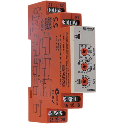 Broyce Control DIN Rail Mount Timer Relay, 24 → 230 V ac/12 → 230V dc, 2-Contact, 0.1 s → 100h,