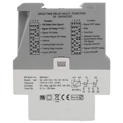 RS PRO DIN Rail Mount Timer Relay, 24 → 240V ac/dc, 1-Contact, 0.1 s → 120days, SPDT