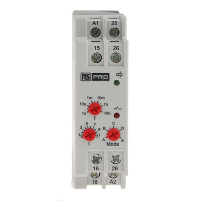 RS PRO DIN Rail Mount Timer Relay, 24 → 240V ac/dc, 2-Contact, 0.1 s → 10h, DPDT