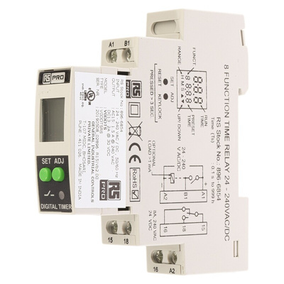 RS PRO DIN Rail Mount Timer Relay, 24 → 240V ac/dc, 1-Contact, 01. s → 999h, SPDT