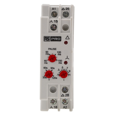 RS PRO DIN Rail Mount Timer Relay, 24 → 240V ac/dc, 2-Contact, 3 → 120s, 1-Function, SPST