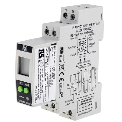 RS PRO DIN Rail Mount Timer Relay, 24 → 240V ac/dc, 2-Contact, 01. s → 999h, DPST