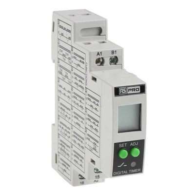 RS PRO DIN Rail Mount Timer Relay, 24 → 240V ac/dc, 1-Contact, 01. s → 999h, SPDT