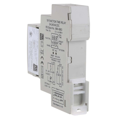 RS PRO DIN Rail Mount Timer Relay, 24 → 240V ac/dc, 1-Contact, 01. s → 999h, SPDT