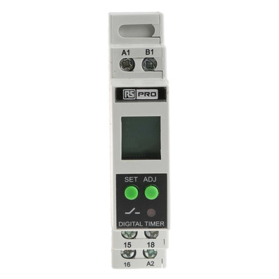 RS PRO DIN Rail Mount Timer Relay, 24 → 240V ac/dc, 1-Contact, 01. s → 999h, SPDT