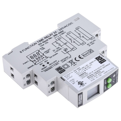 RS PRO DIN Rail Mount Timer Relay, 24 → 240V ac/dc, 2-Contact, 01. s → 999h, DPST