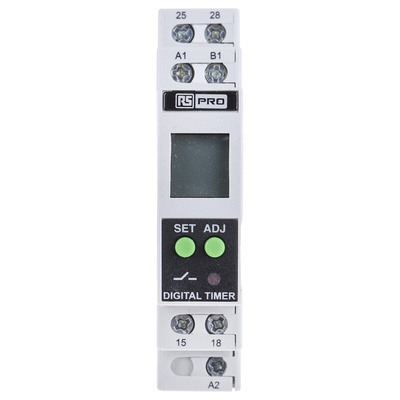 RS PRO DIN Rail Mount Timer Relay, 24 → 240V ac/dc, 2-Contact, 01. s → 999h, DPST