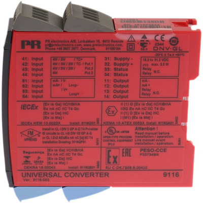 PR Electronics 9100 Series Universal Converter, Universal Input, Current, Relay Output, 19.2 → 31.2V dc Supply
