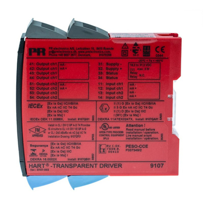 PR Electronics 9100 Series HART Transparent Driver, Current Input, Current, Relay Output, 19.2 → 31.2V dc Supply