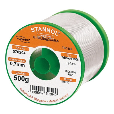 Stannol 0.7mm Wire Lead Free Solder, +217°C Melting Point