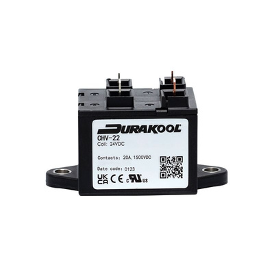 Durakool CHV20 Series Contactor, 24 V dc Coil, 1-Pole, 20 A, 3 W, NO, 1.5 kV dc