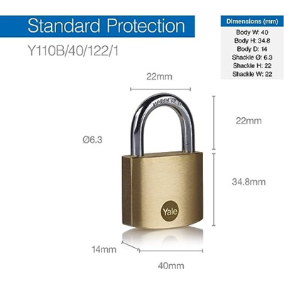 YALE Padlock Brass Padlock, 6.3mm Shackle, 40mm Body