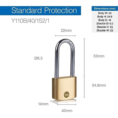 YALE Padlock Brass Padlock, 6.3mm Shackle, 40mm Body