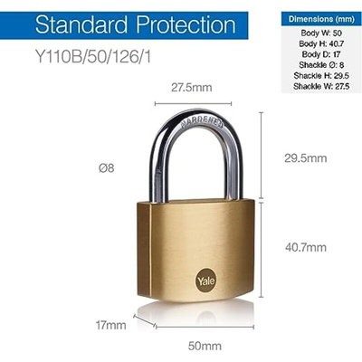 YALE Padlock Brass Padlock, 8mm Shackle, 50mm Body