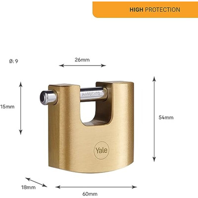 YALE Padlock Brass Padlock, 9mm Shackle, 60mm Body